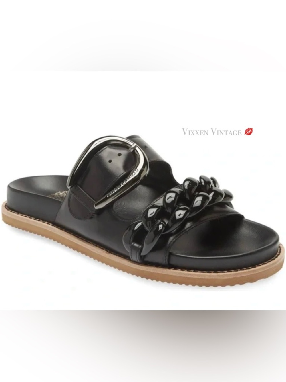 VINCE CAMUTO CHUNKY BUCKLE ‘KENENDYS’ SLIDE SANDAL IN BLACK COW PARADISE